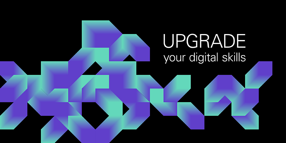UPGRADE your digital skills: Kurstitel mit Grafik eines abstrakten Kristalls © Universität Basel