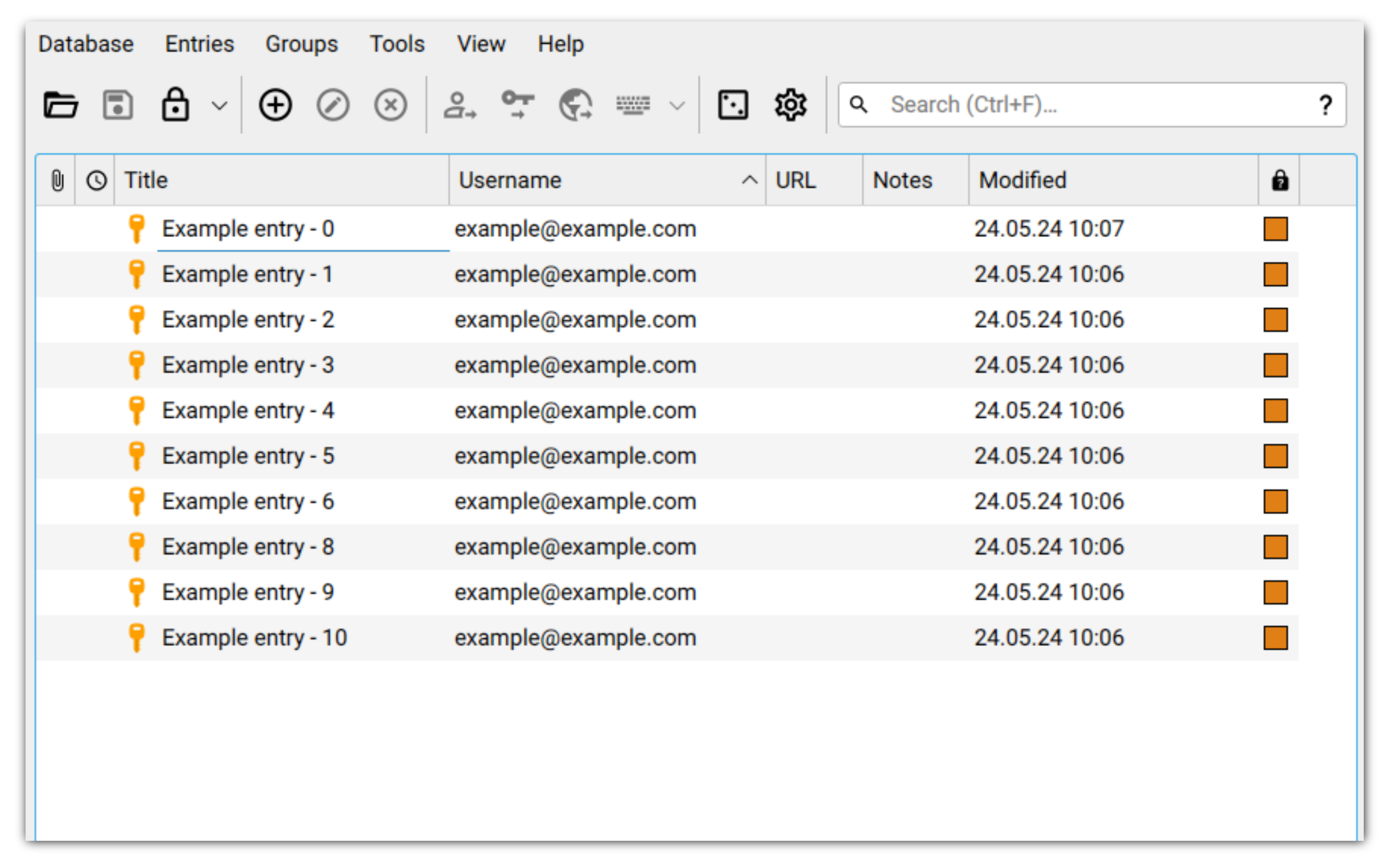 Diese Abbildung zeigt ein Browserfenster des KeepassXC und verdeutlicht die Auflistung von abgespeicherten Passwörtern.